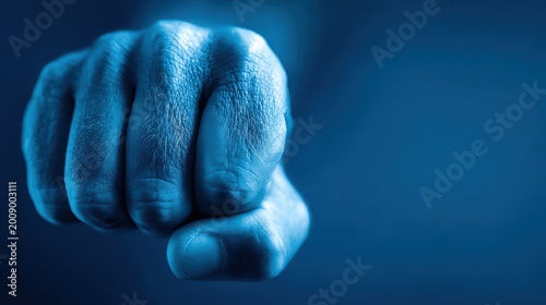 Close-up of a clenched fist in blue lighting representing strength, determination, and resilience in dark tones
