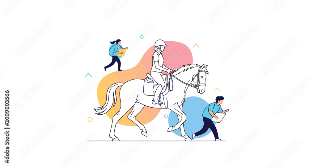 Fototapeta premium Equestrian rider on a white horse is accompanied by other people in an active and scenic outdoor horse riding and hiking scene.