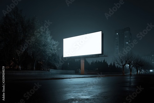 Moody night street signage mockup featuring a blank horizontal billboard among trees and buildings
