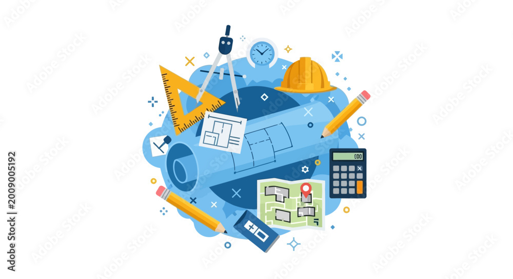 Fototapeta premium Architectural Engineering and Construction Concept Illustration with Blueprints, Hard Hat, and Drafting Tools