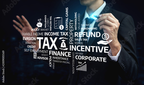 Quadro su tela A businessman explores key tax concepts, focusing on financial strategies for refund, incentives, and corporate finance