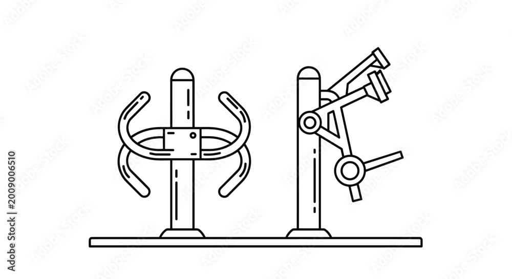Fototapeta premium Line art illustration showing various pieces of outdoor gym or street workout exercise equipment used for public fitness in park settings.