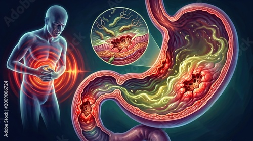 Man clutching stomach with pain visualizing Helicobacter pylori infection. Anatomical cross section of diseased human stomach with ulcer. Medical art illustration of digestive system pathology.