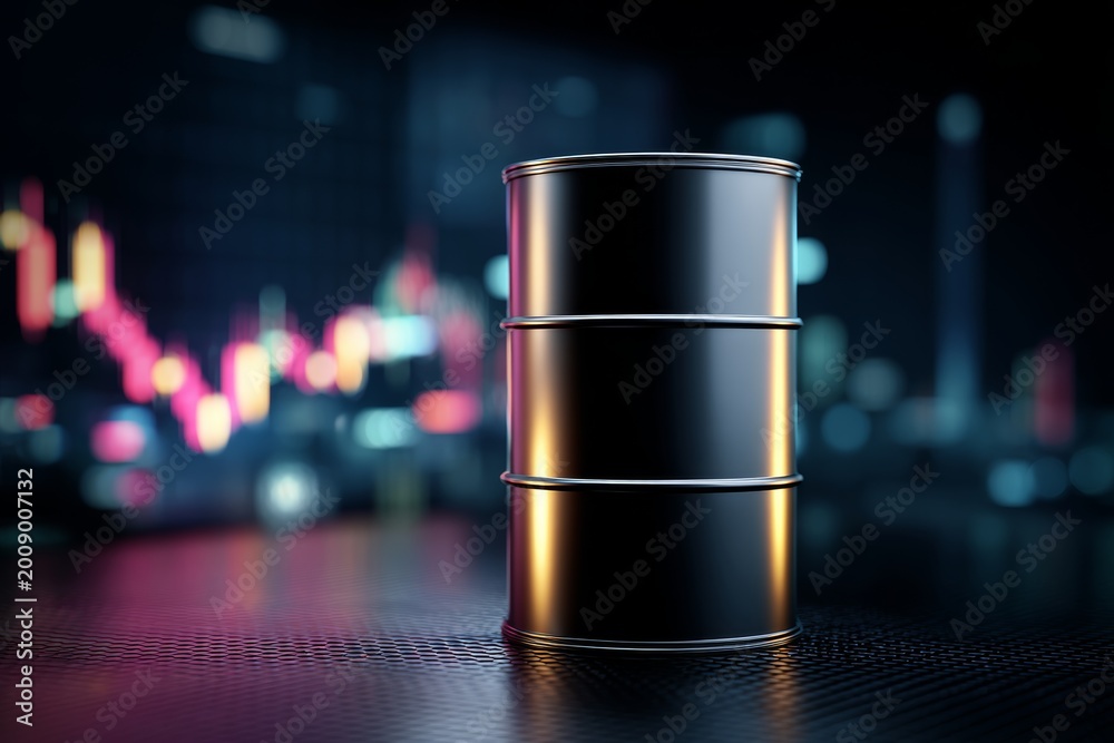 Fototapeta premium Sleek oil barrel stands on digital stock market background with downward trends