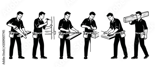 Konstfotografi Carpenter professional working, construction worker set with tools, carpentry wo
