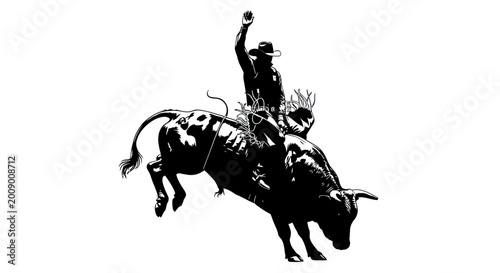 Photos Man riding a bucking bull.