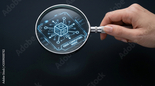 Federated learning network edge computing node on magnifier lens, glowing digital circuit