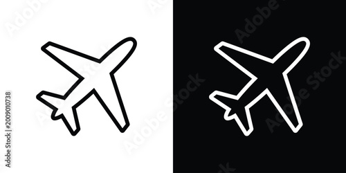 Dynamic airplane silhouette flying diagonally upward. Set includes black on white and white on black versions. Represents movement, progress, and commercial air travel concepts.