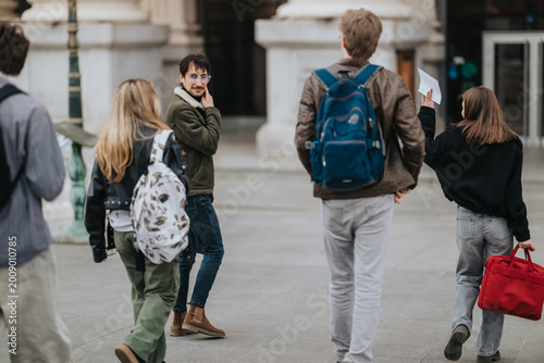 A group of students walking and talking on an urban campus, carrying backpacks and papers. The young people move together outdoors, interacting while heading across a plaza.