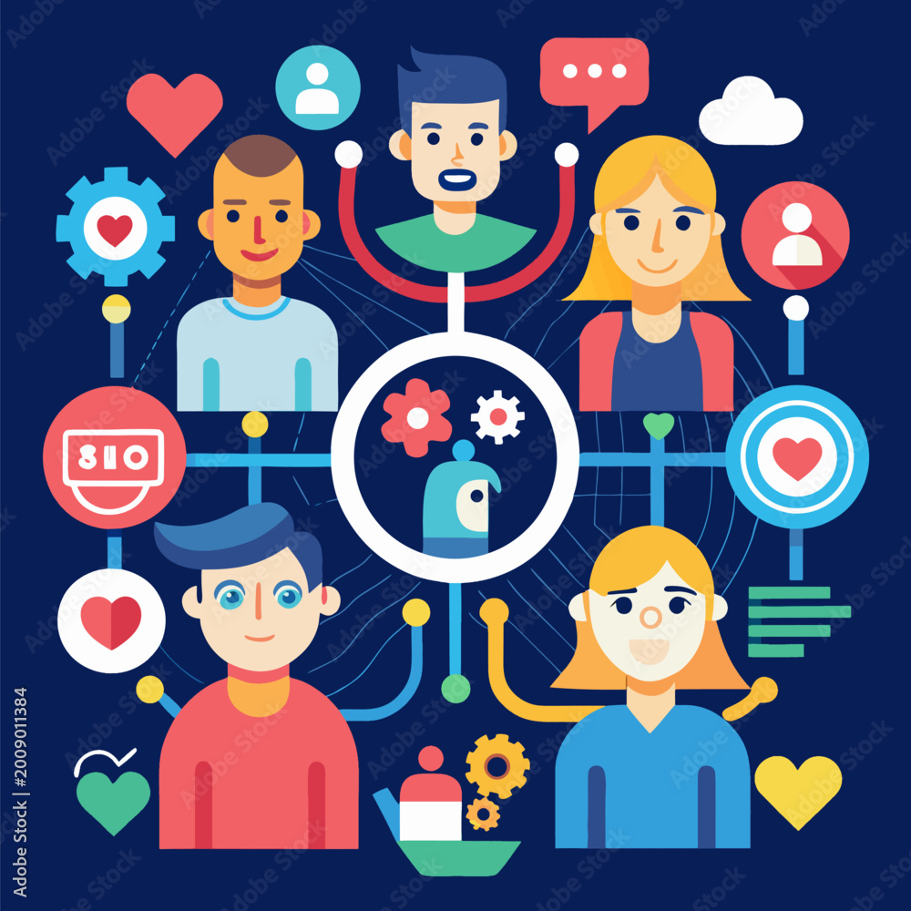 Fototapeta premium Conceptual Flat Illustration of Family Support, Community Connection and Social Welfare System