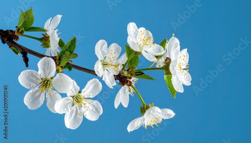 White flowers of apple tree on a blue background with water drops