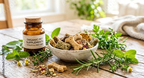 Organic pet supplements and herbs on wooden table