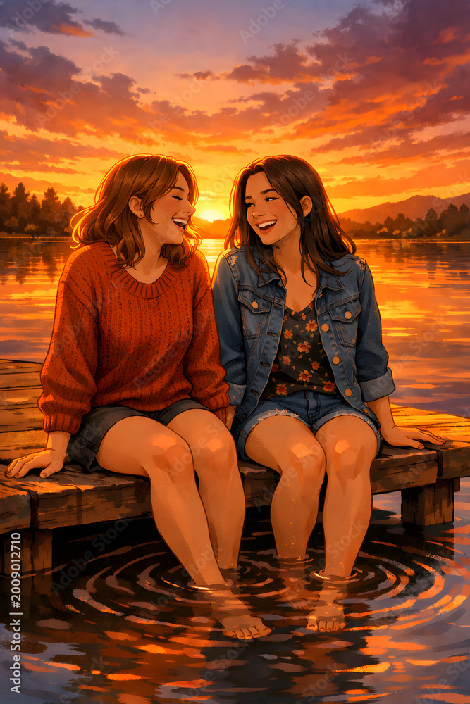 Fototapeta premium Two friends laughing on a wooden pier at sunset