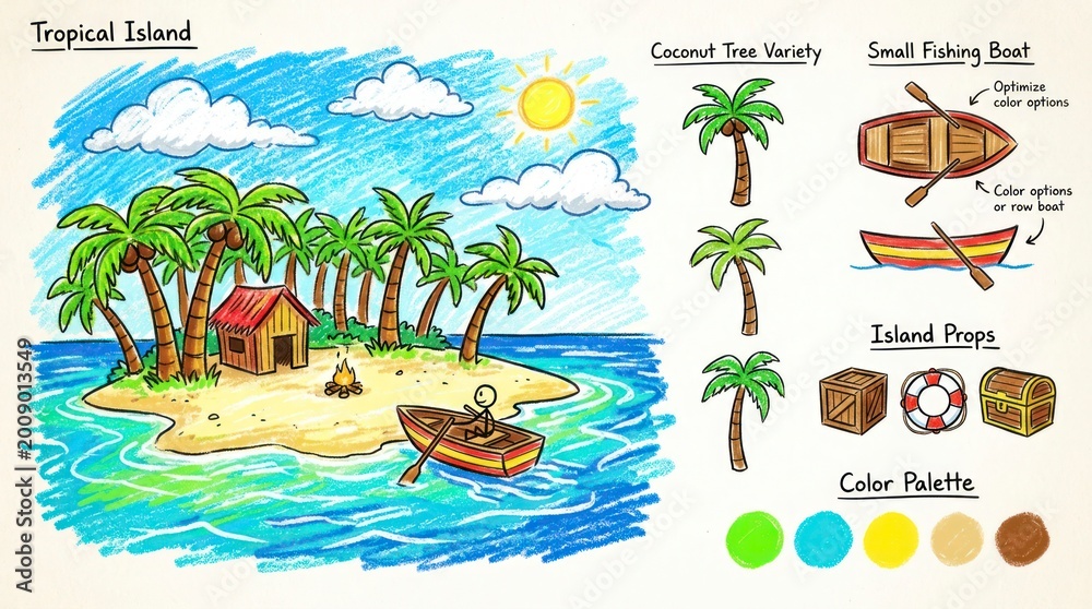 Obraz premium Hand-Drawn Tropical Island Scene with Palm Trees, Boat, and Sun.