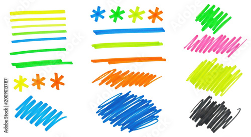 Colorful marker strokes and asterisks on transparent background for editing