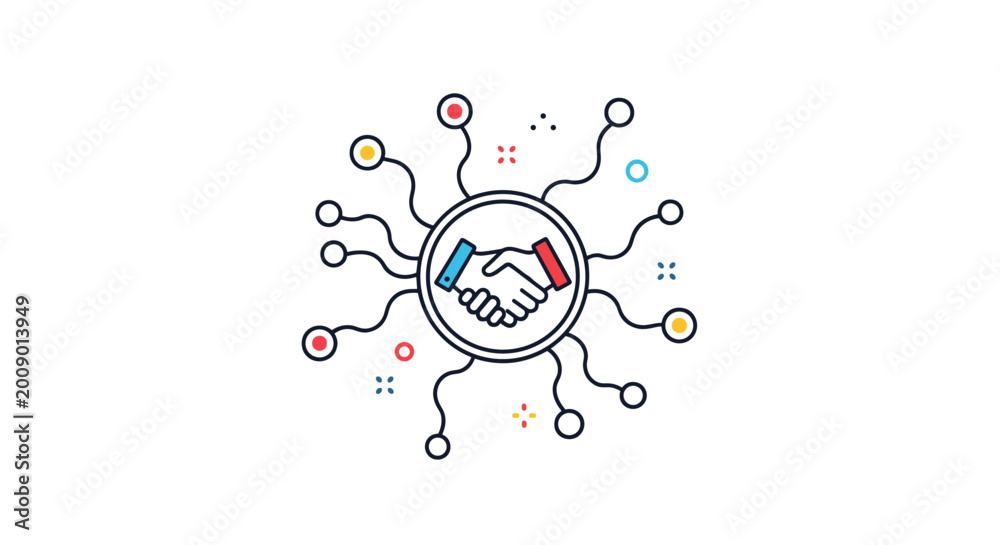 Fototapeta premium Digital handshake icon at the center of a connected network representing online partnership, collaborative technology, and business deals.