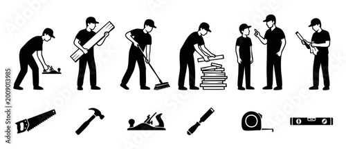 Carpenter professional icons set with woodworking tools and builders working on wooden projects, flat vector silhouettes isolated on white background, construction handyman service concept for design.