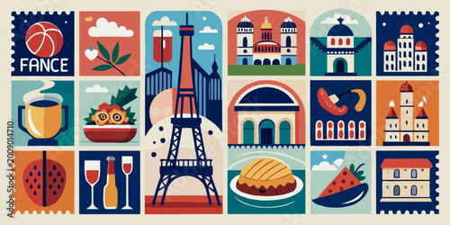A cartoon vector illustration set of iconic travel landmarks and monuments featuring architecture from Paris, London, Italy, and New York with stylized city buildings and silhouettes