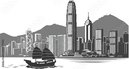 Hong Kong City Skyline Vector Art | ICC & Bank of China Tower Silhouette