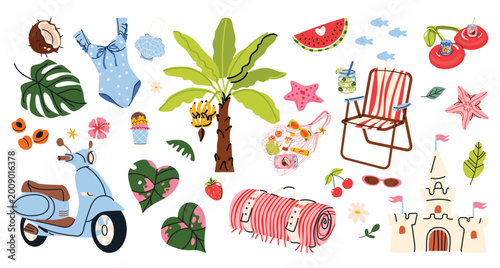 Photography Big trendy summer sticker set in hand drawn vector style