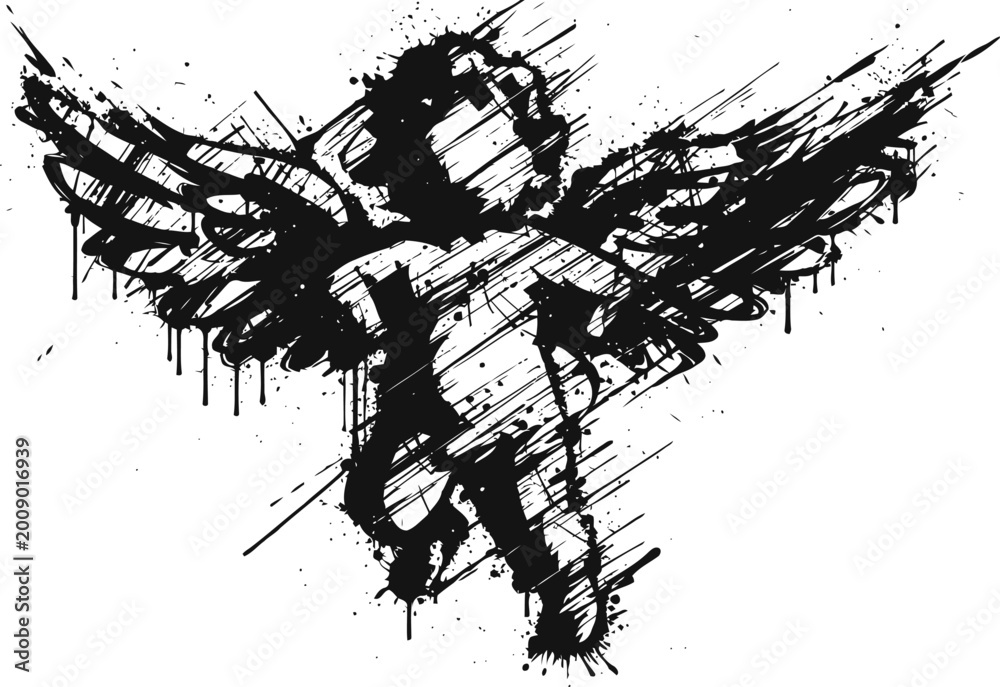 Fototapeta premium Grunge angel silhouette with detailed wings and textured splatter effect in black and white
