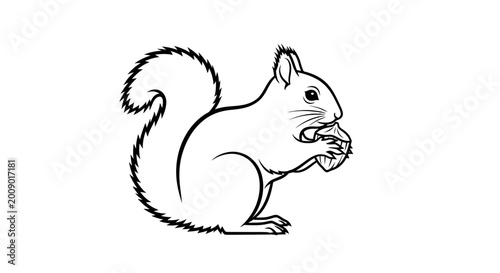 Black and white illustration of squirrel holding nut on white background