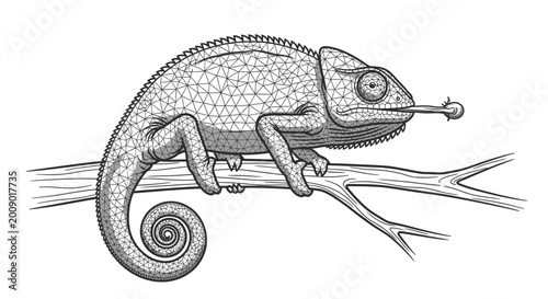 Fotografía Chameleon perched on branch illustration in detailed monochrome line art
