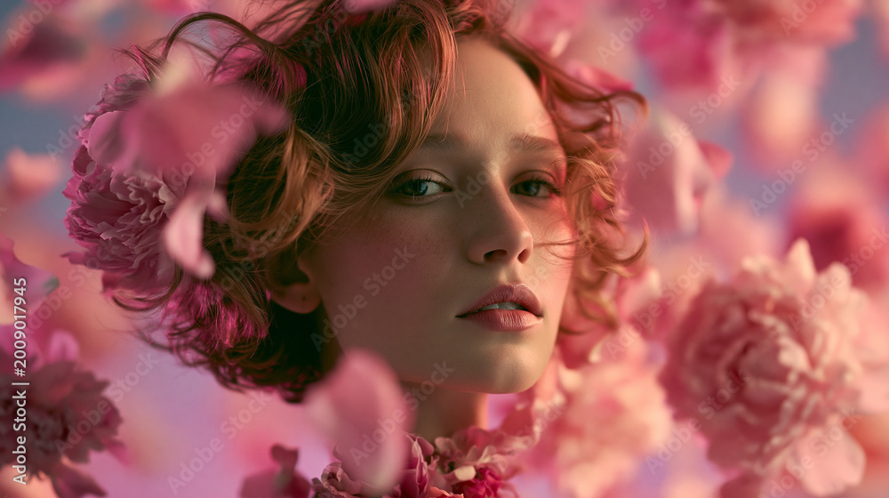 Naklejka premium Creative portrait with pink flowers dreamy aesthetic
