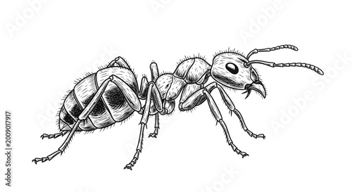 Detailed illustration of an ant with intricate shading and fine line work
