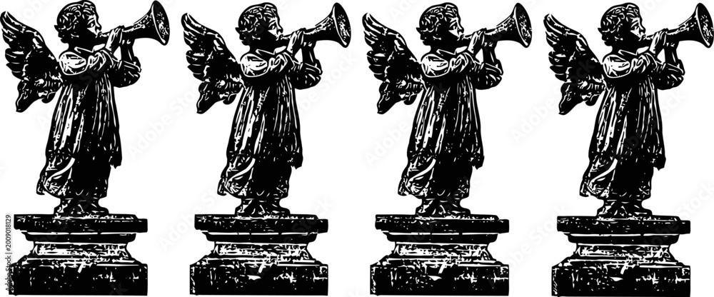Fototapeta premium four identical angel statues blowing trumpets on pedestals in a vintage black and white