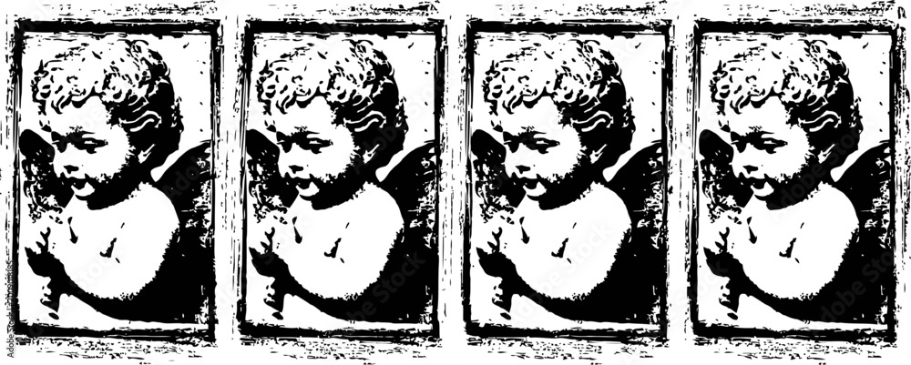 Fototapeta premium Black and white angel cherub pattern vintage classic baby winged statue, religious art, angelic innocence and purity concept illustration