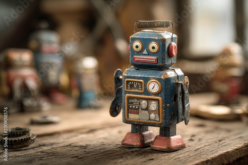 Patinated tin robot sculpture on rustic table with soft, warm lighting