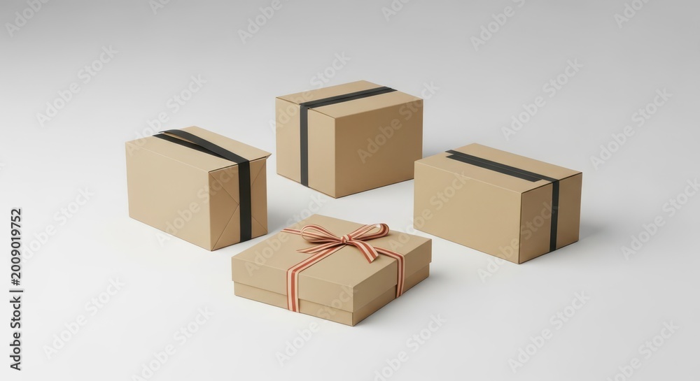 Fototapeta premium Four Cardboard Gift Boxes Arranged for Presentation, Featuring Ribbons and Stripes