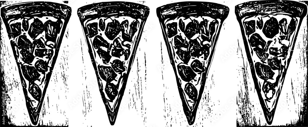 Fototapeta premium four pepperoni pizza slices on rustic wooden background, top view, food flat lay