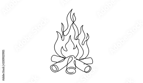 Bonfire One Line Drawing Black and White Minimal Camping Fire Vector Illustration