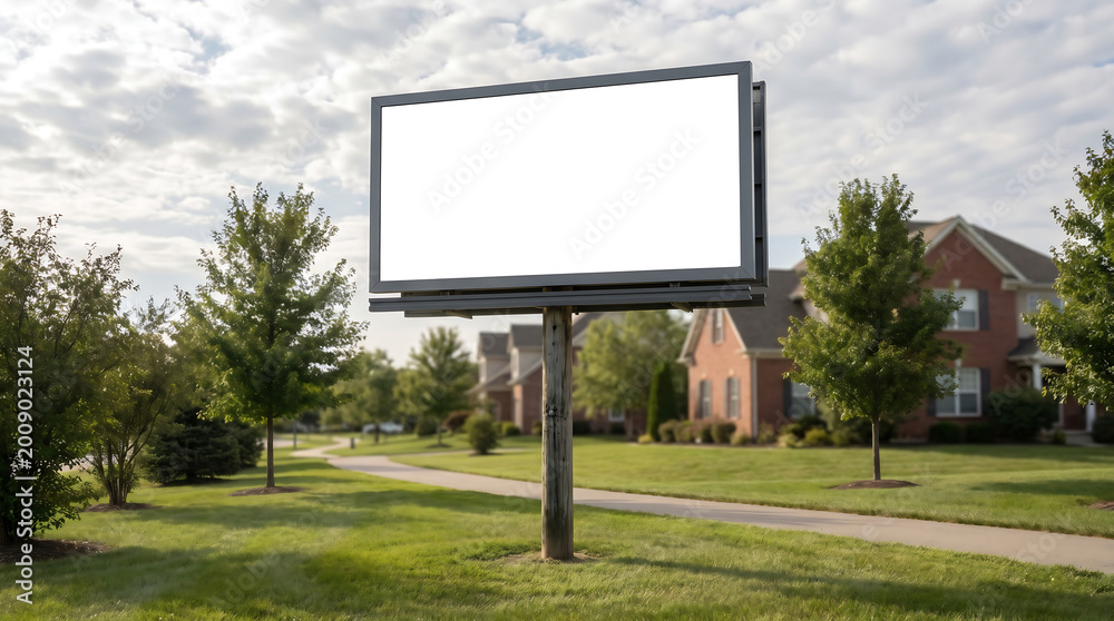 Fototapeta premium Billboard mockup, blank screen, outdoor advertising display, suburban setting, daytime