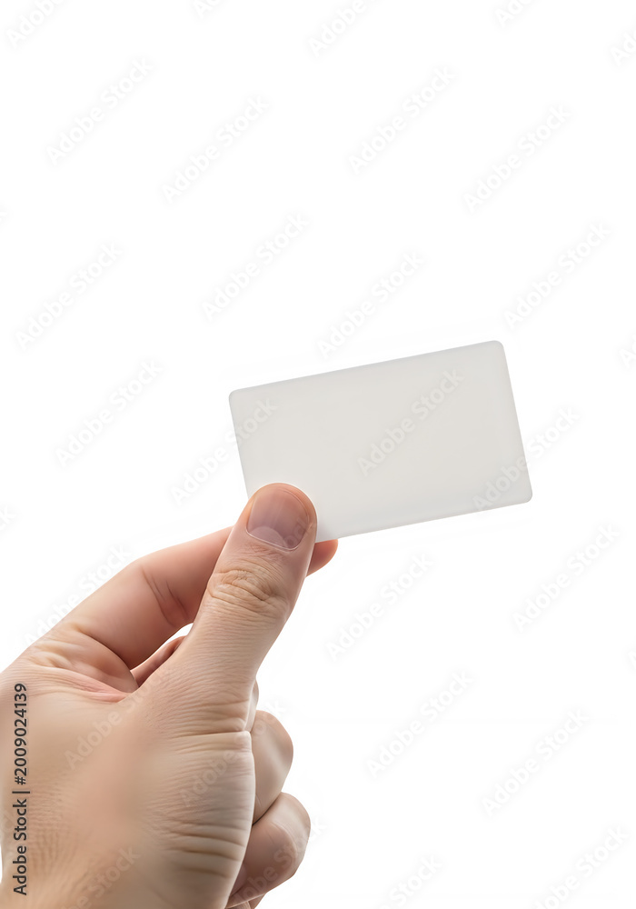 Fototapeta premium Hand holding a blank business card isolated on transparent background