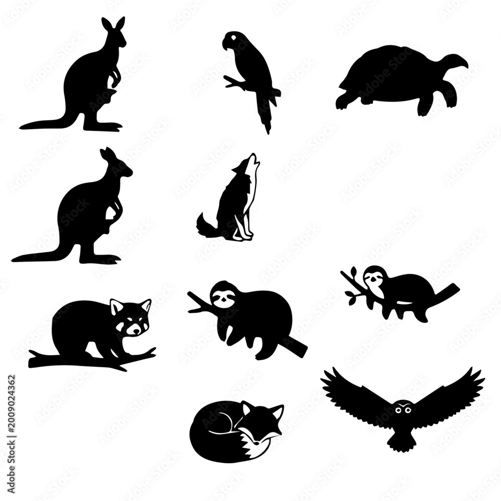 Obraz premium Animal silhouettes vector set with cat dog bird rabbit bear fish mouse wildlife icons collection design