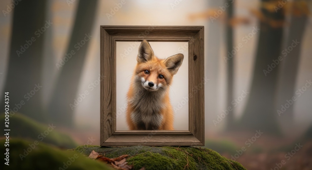 Obraz premium A red fox appears framed in the forest.