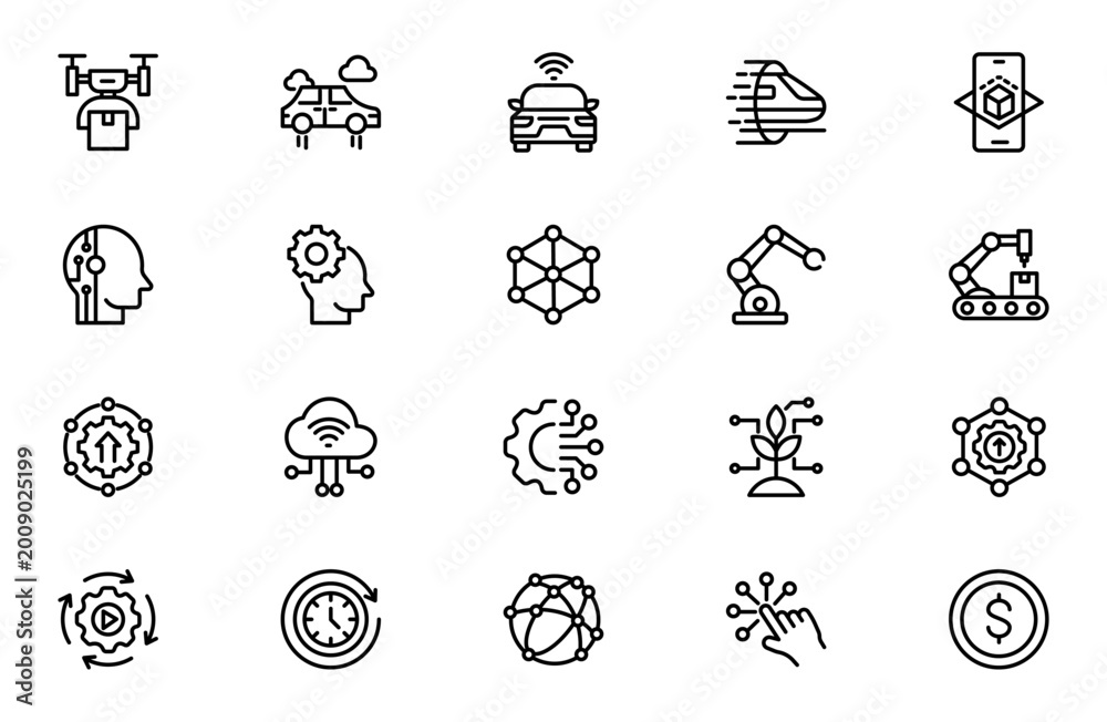 Fototapeta premium Future Technology Line Icon Set for AI, Robotics, Innovation, Digital Transformation, Smart Devices and Futuristic Systems Outline Vector Collection