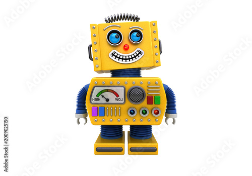 Cheerful yellow vintage robot toy standing, retro wind up robot isolated on transparent background PNG front view