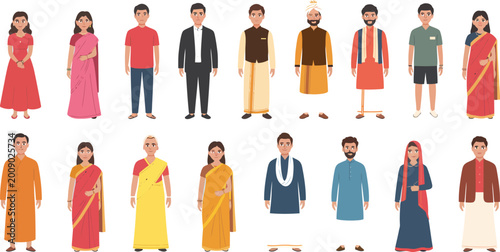 Digital illustration of diverse cartoon-style Indian people, showcasing traditional and regional clothing styles, representing a rich cultural tapestry from various communities