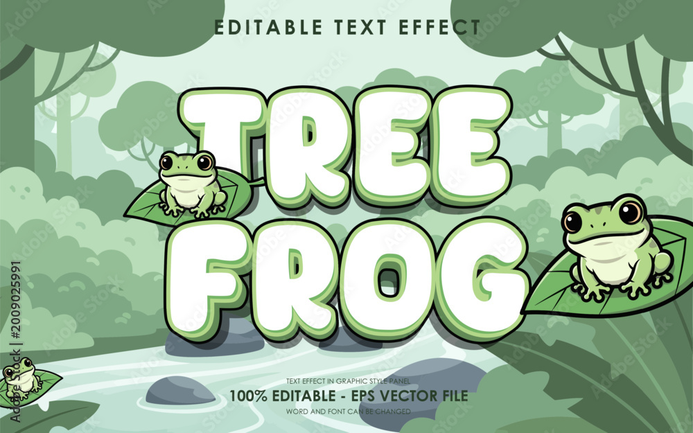 Fototapeta premium Tree Frog Editable Text Effect with Cute Frogs on Leaves in a Forest Stream.