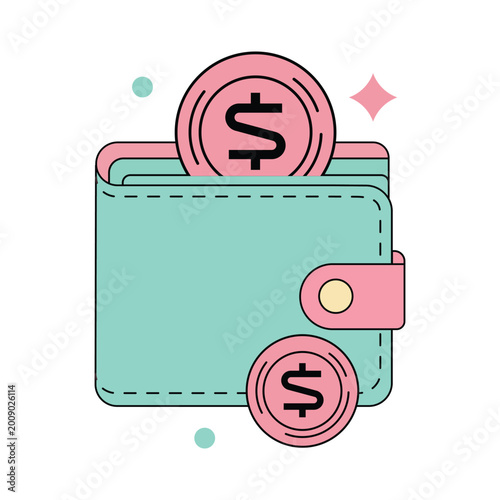 A light mint green bifold wallet with a pink clasp and pink stitching has two pink coins with dollar signs embossed on them. One coin is positioned above the wallet and the other is to the right of