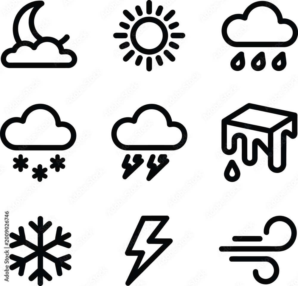 Fototapeta premium A collection of weather condition icons representing various meteorological phenomena like sun, clouds, rain, snow, lightning, and wind