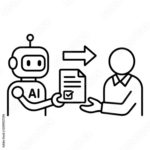 Obraz na plátně AI handoff to human line icon with robot document transfer and approval arrow