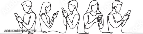 Photos Continuous one line drawing People holding, using mobile phones concept