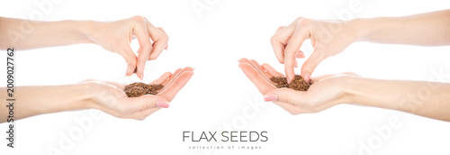 Obraz na płótnie Flax seeds in woman's hands isolated on white background.