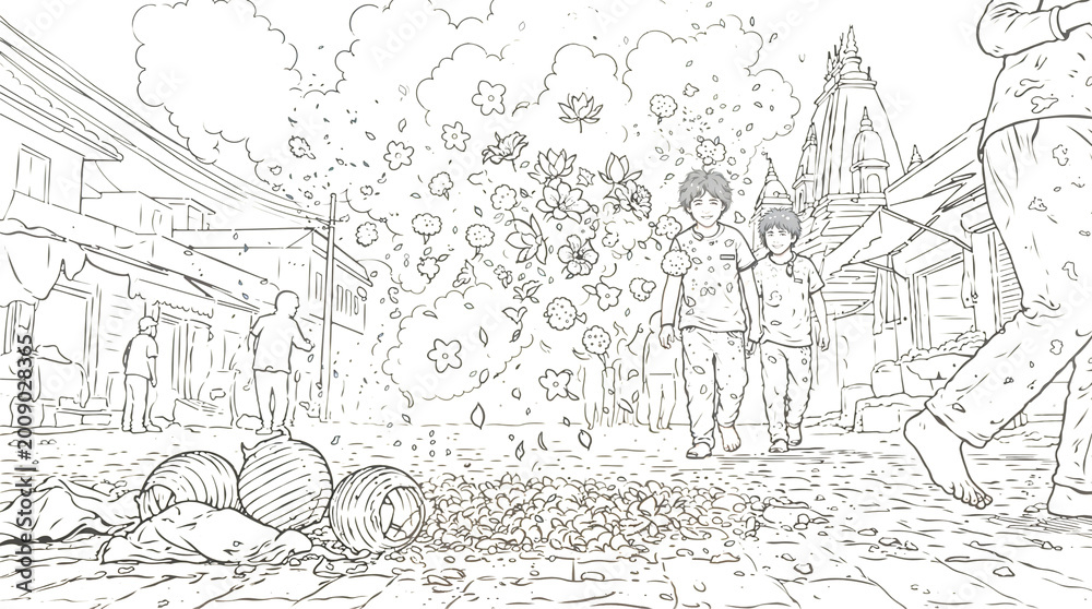 Obraz premium Coloring page of two children standing in street center under floral petal and heart shower, with fallen balls nearby — gentle, playful atmosphere of children’s festival in Indian tradition