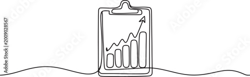 Continuous one line drawing of clipboard with statistics graph. One line drawing illustration of graph on clipboard.one line art in white background